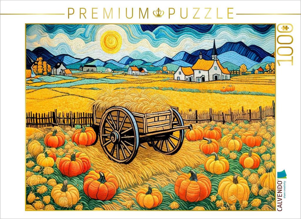 CALVENDO Puzzle Kürbisse und Heuwagen in goldener Herbstlandschaft | 1000 Teile Lege-Größe 64x48cm Foto-Puzzle für glückliche Stunden