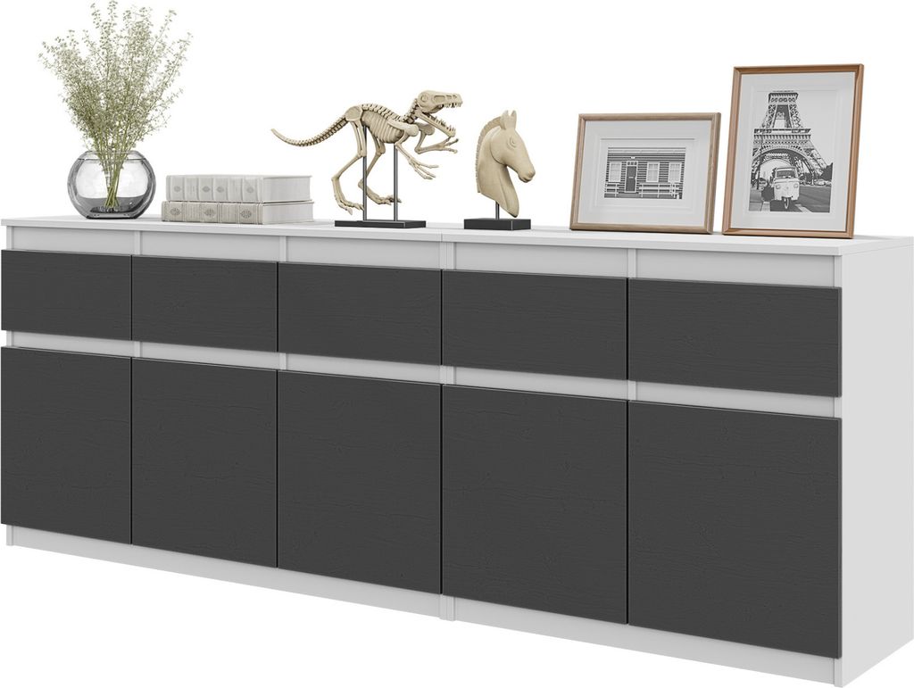 NOAH - Kommodenset mit 5 Schubladen und 5 Türen - Schlafzimmer Kommode Aufbewahrung Schrank Sideboard - Weiß Matt / Anthrazit H75cm B200cm T35cm