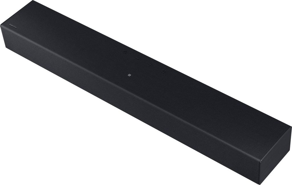 A black soundbar is shown from a high angle against a white background.