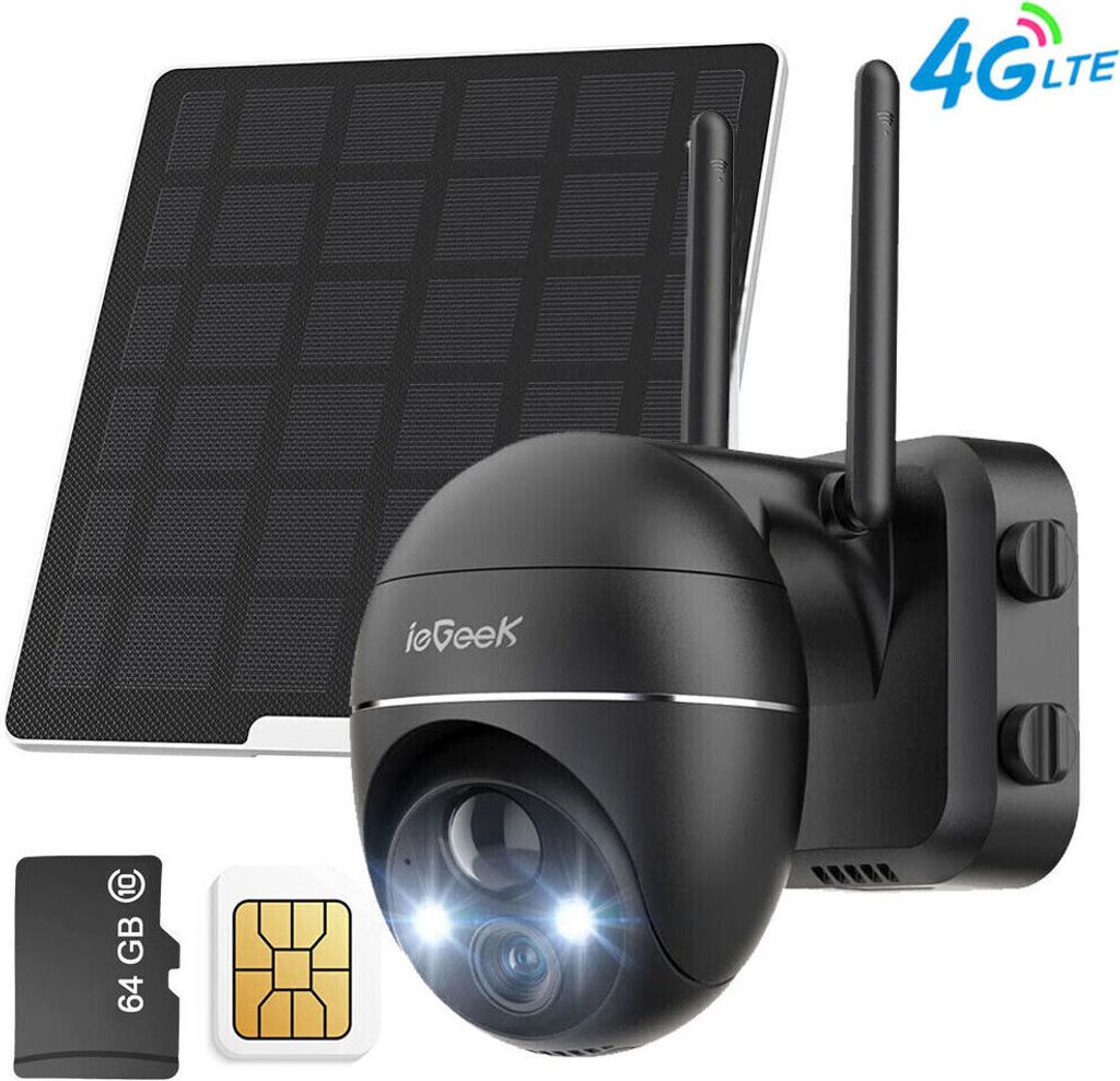 A solar-powered 4G LTE security camera with a solar panel, SD card, and SIM card.