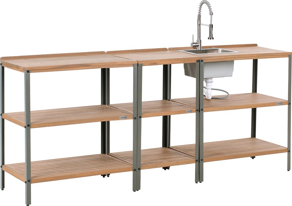 BELIANI Outdoor-Kücheninsel Braun u. Silber es Akazienholz 3er Set mit Spüle Armatur Modern Outdoor-Küchenmöbel Gartenküche