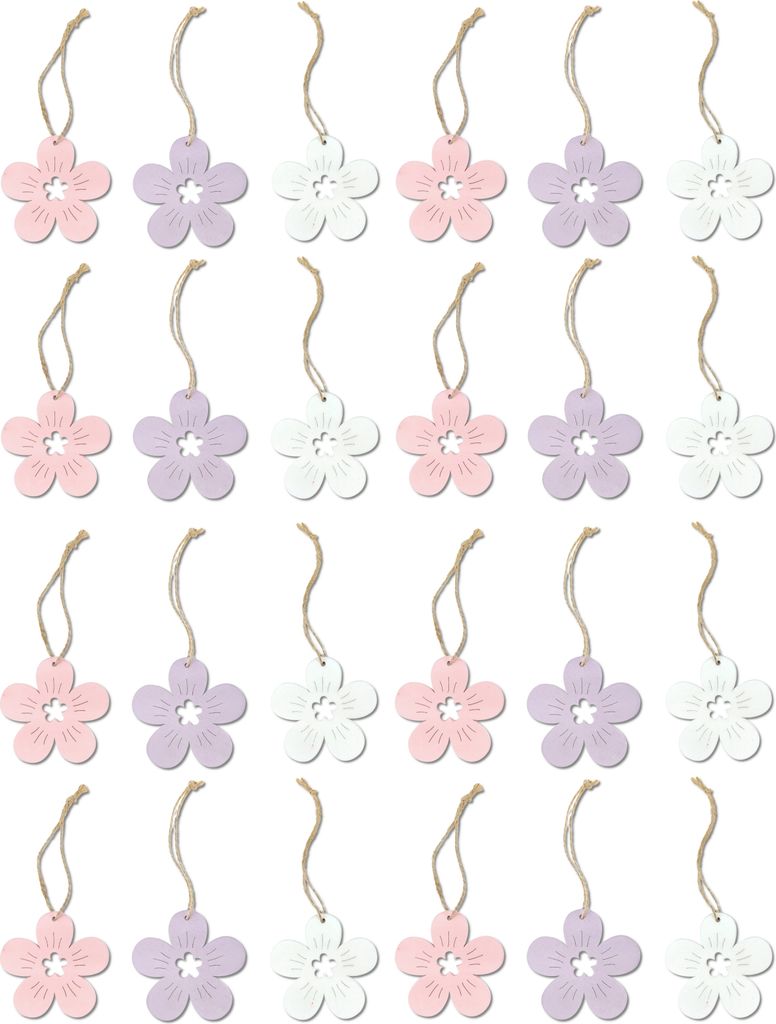 Holz Dekohänger Blüten 24 Stück 7cm mit Jute Kordel Anhänger Blumendeko Holzblume Blumenhänger