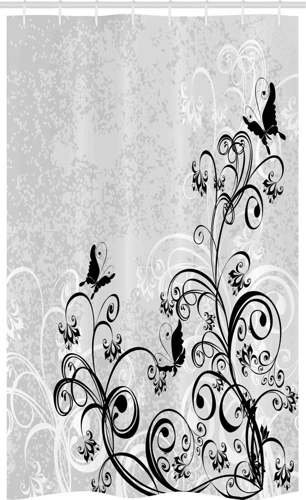 ABAKUHAUS Schwarz und Grau Schmaler Duschvorhang, Mit Blumen und Grunge, Badezimmer Deko Set aus Stoff mit Haken, 120 x 180 cm, Charcoal Grey Pale ...