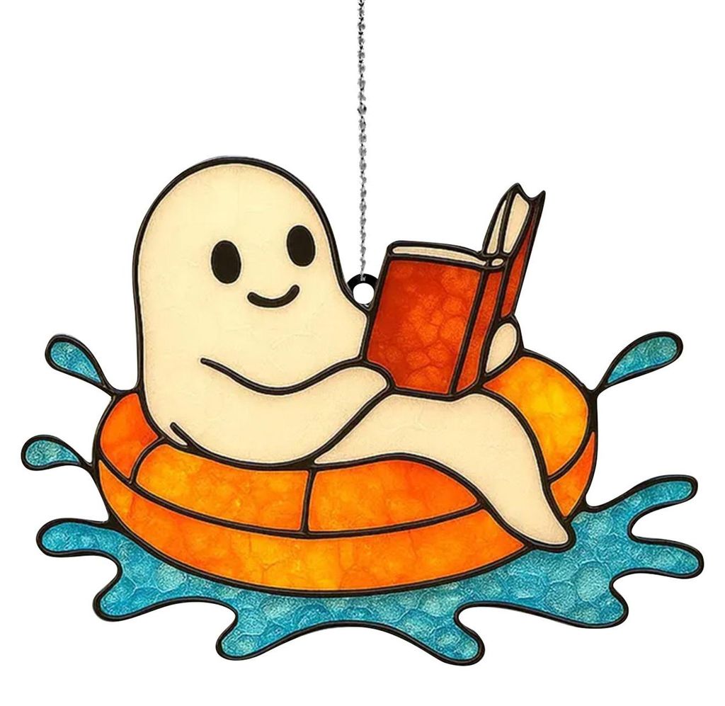 Halloween-Hängeschild mit Lesegeist, rundes Holzschild mit badendem Cartoon-Geist, für drinnen und draußen, Türhänger, Wanddekoration.