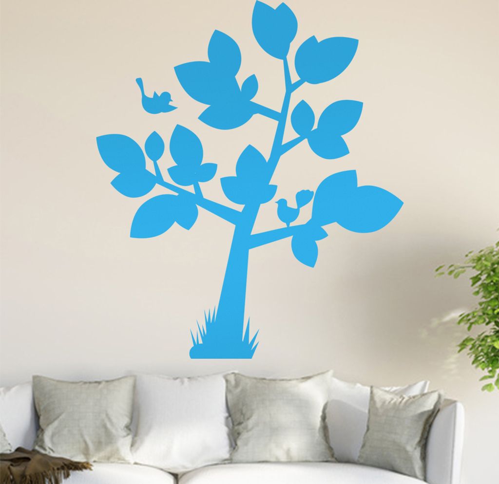 Baum mit großen Blättern - Vögel Wandtattoo in 6 Größen - Wandaufkleber Wall Sticker - Dekoration, Küche, Wohnzimmer, Schlafzimmer, Badezimmer