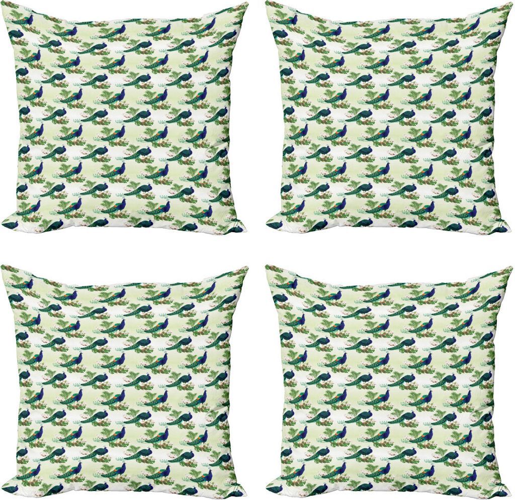ABAKUHAUS Pfau Kissenbezug Set (4 Stück), Strauß und Monstera Kunst, Moderner Doppelseitiger Digitaldruck, 40 cm x 40 cm, Hellgrün Multicolor