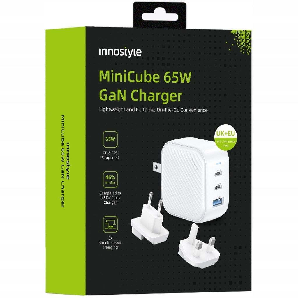 The image shows the retail packaging for an Innostyle MiniCube 65W GaN Charger.