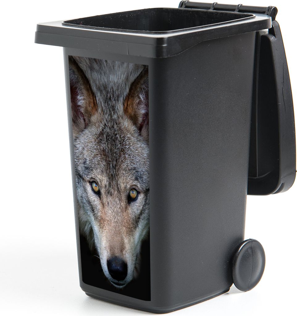 MuchoWow Mülltonnenaufkleber Wolf - Porträt - Schwarz 44x98 cm - Containeraufkleber - Aufkleber - Mülltonnen-Aufkleber