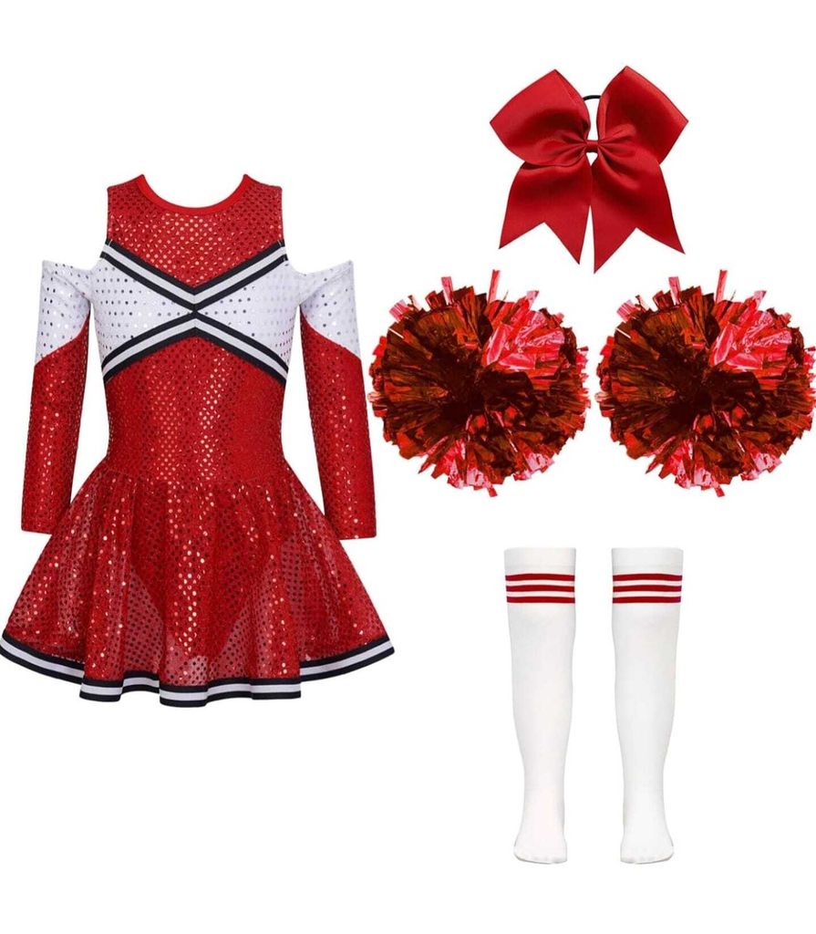 A flat lay of a cheerleading costume set against a white background.