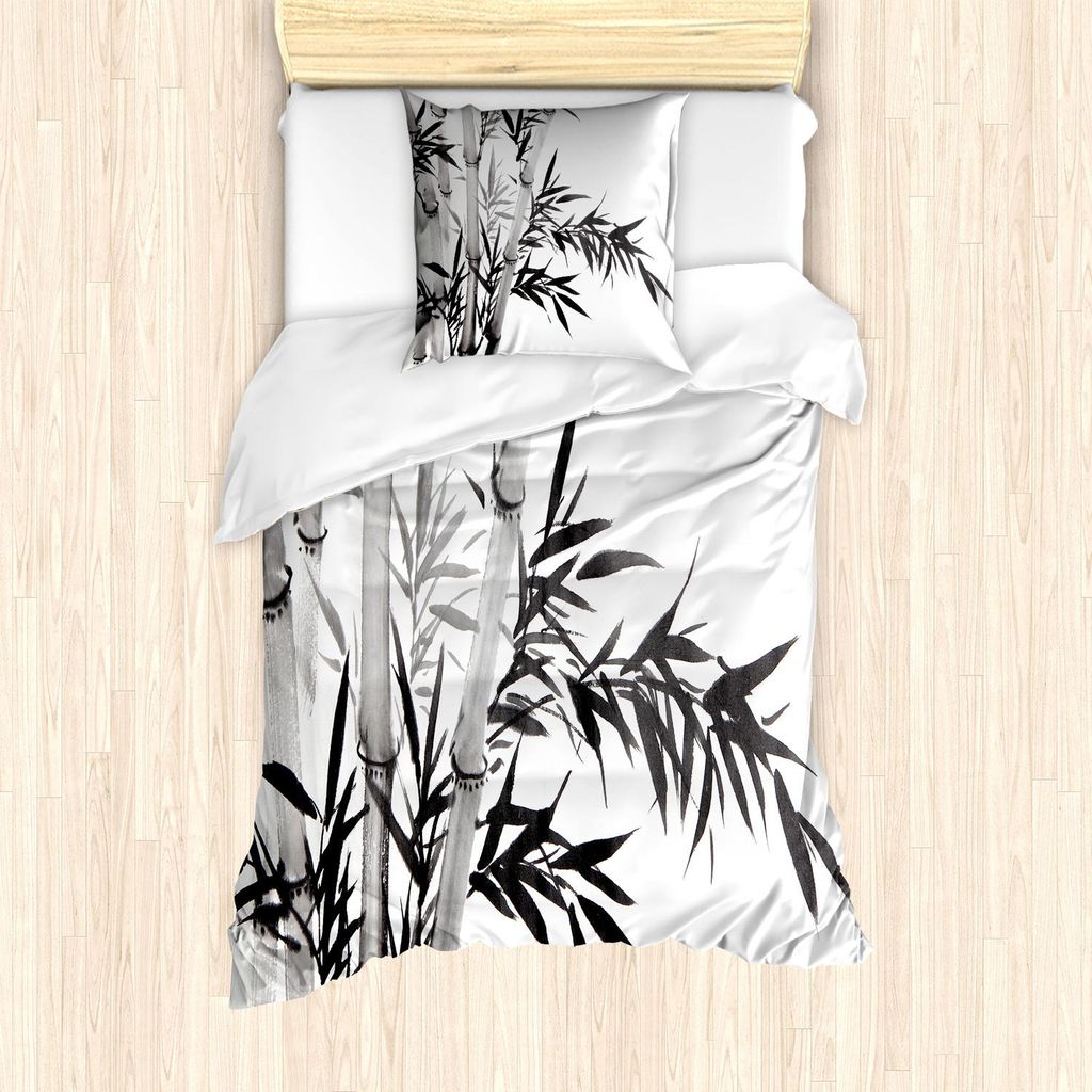ABAKUHAUS Bambus Bettbezug Set, Bambusbaum Bild Traditionelle Chinesische Kalligraphie Art Asiatisches Kultur Thema, 135 x 200 cm + 80 x 80 cm, Cha...