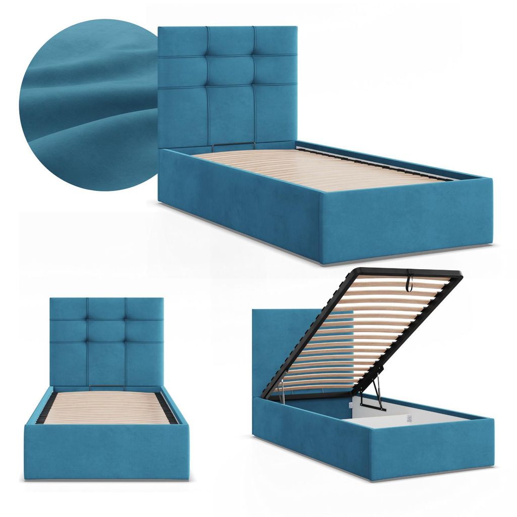 Polsterbett SORIA 90x200 Samt mit Bettkasten und hochklappbarem Metall-Lattenrost, Einzelbett Blau