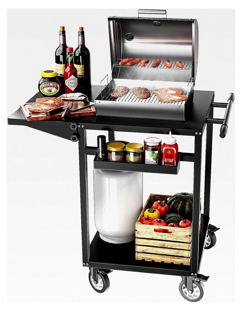Grillwagen für den Außenbereich mit Doppelablage, mobiler Grilltisch mit 4 Rädern für Küche und Terrasse