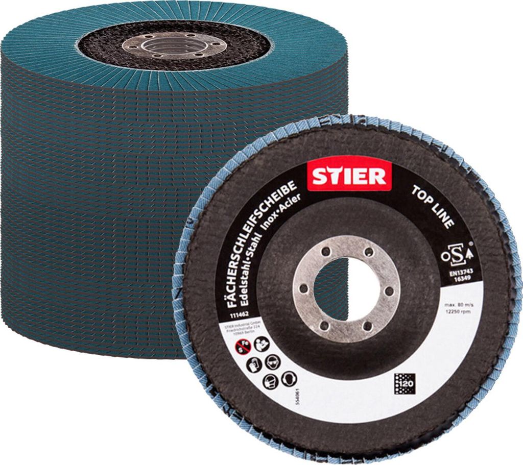 STIER Fächerschleifscheiben Profi Ø 125 mm, Set 10 Stück, 125x22,23, Korn 120 für Metall-, Aluminium-, Kunststoff- und Holzbearbeitung, Schleif...