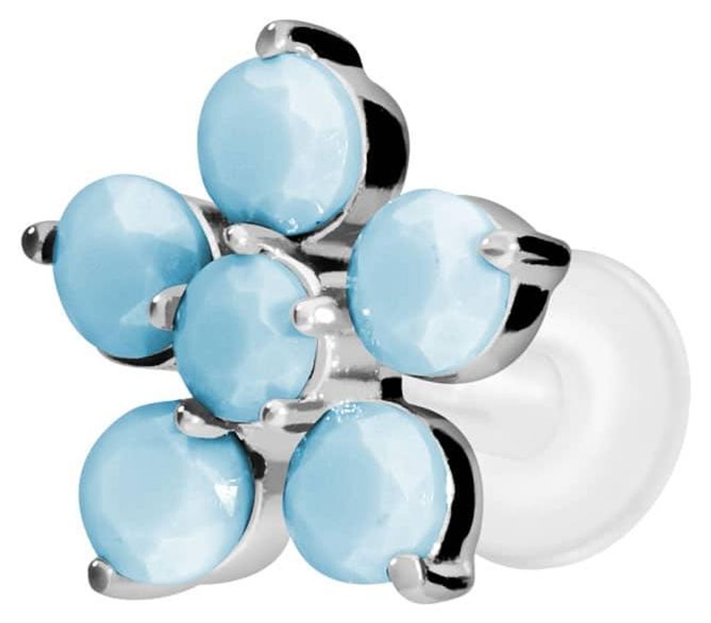 Ohrpiercing, Nasenpiercing PTFE Labret mit Innengewinde + Titan-Aufsatz BLUME + SYNTHETISCHE TÜRKISE Silber Stablänge: 6mm | Stabstärke: 1,6mm