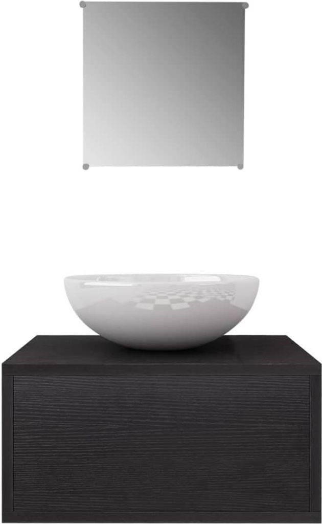 A bathroom vanity set with a mirror, sink, and cabinet.