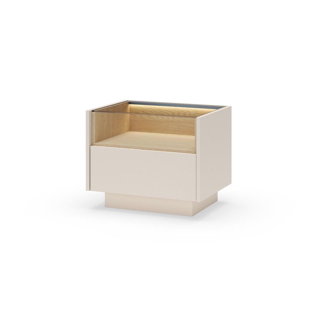 BETTSO Nachttisch mit LED-Beleuchtung KIRO 53cm Glasplatte Nachtschrank mit Schublade Beige / Cremona Eiche