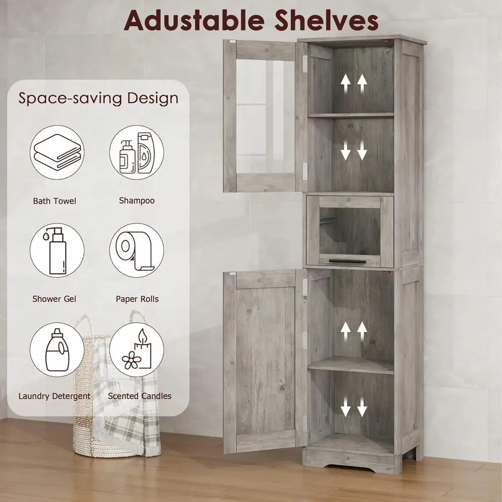 Armoire de rangement grise avec tablettes modulables - Structure en bois