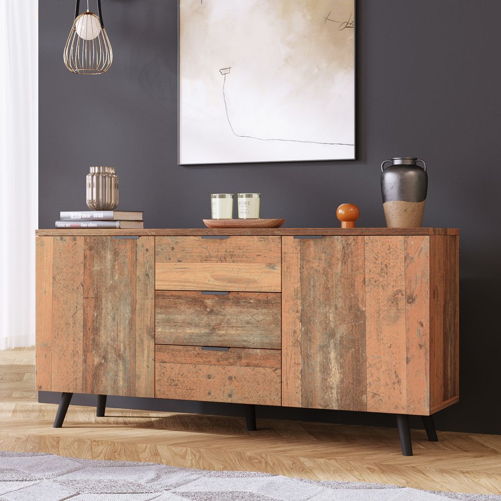 okwish Sideboard TV-Schrank , 140cm mit verstellbaren Regalen, Kommode, vertikaler Schrank, Aufbewahrungsschrank mit drei Schubladen für Wohnzimme...
