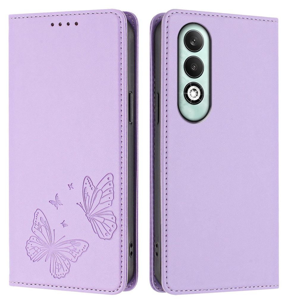 Lederhülle für Oppo K12X 5G, Schmetterling Prägung Leder Brieftasche Schutzhülle mit Ständer Violett