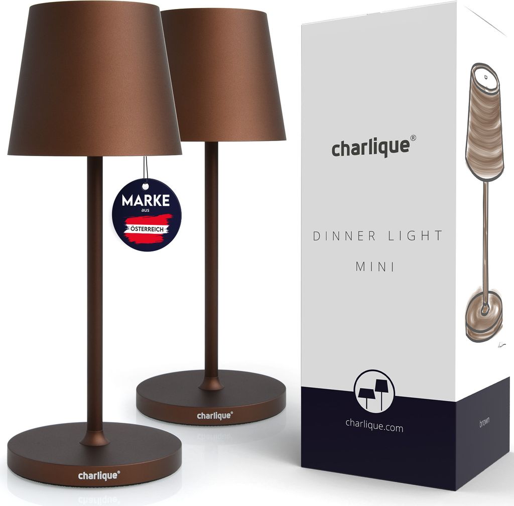charlique LED Akku Tischlampe mini (Doppelpack) - Dinner Light braun 28 cm - kabellose Tischleuchte mit USB, aufladbar, warmes Licht