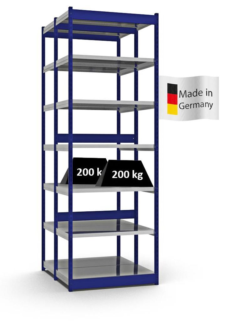 PROREGAL Fachbodenregal Stecksystem Vierkant-Profil MAGNUS Germany | HxBxT 300x102,5x50cm | 2x7 Ebenen | Fachlast 200kg | Enzianblau/Verzinkt