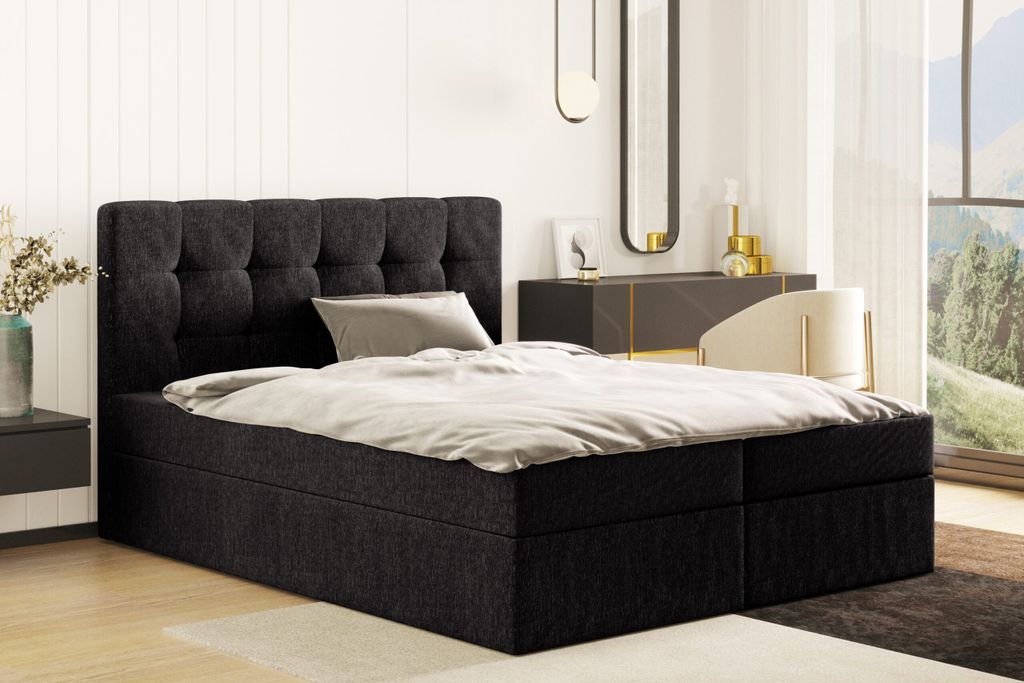 Kaiser Möbel Boxspringbett mit matratze und bettkasten, Schlafbett LUDANO stoff Sydney Schwarz 160x200 cm H2-Pocket