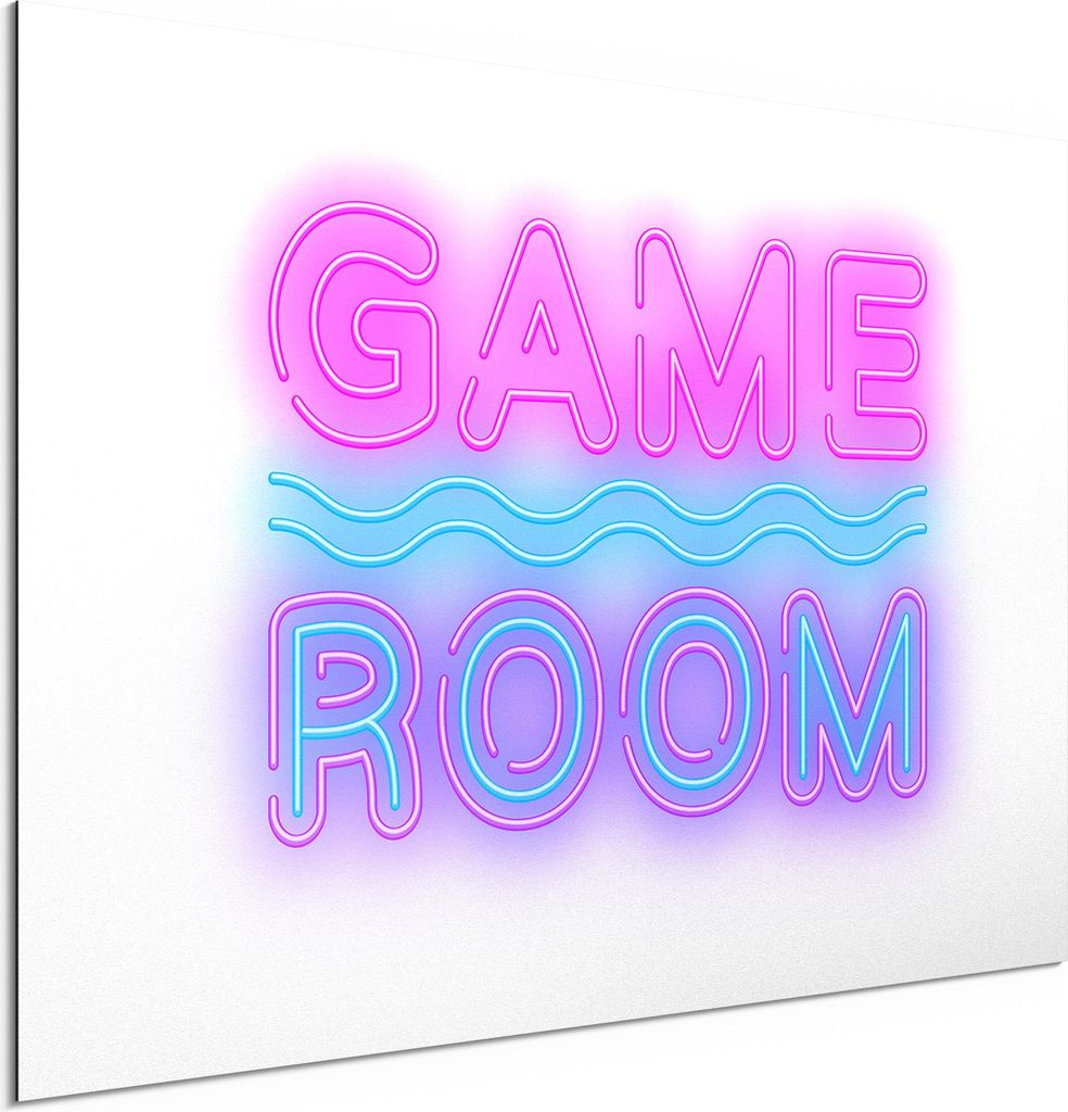 DEQORI Alu-Dibond Bild Weiß 60x40 cm 'Neon Game Room' Wandbild Metall dünn Design