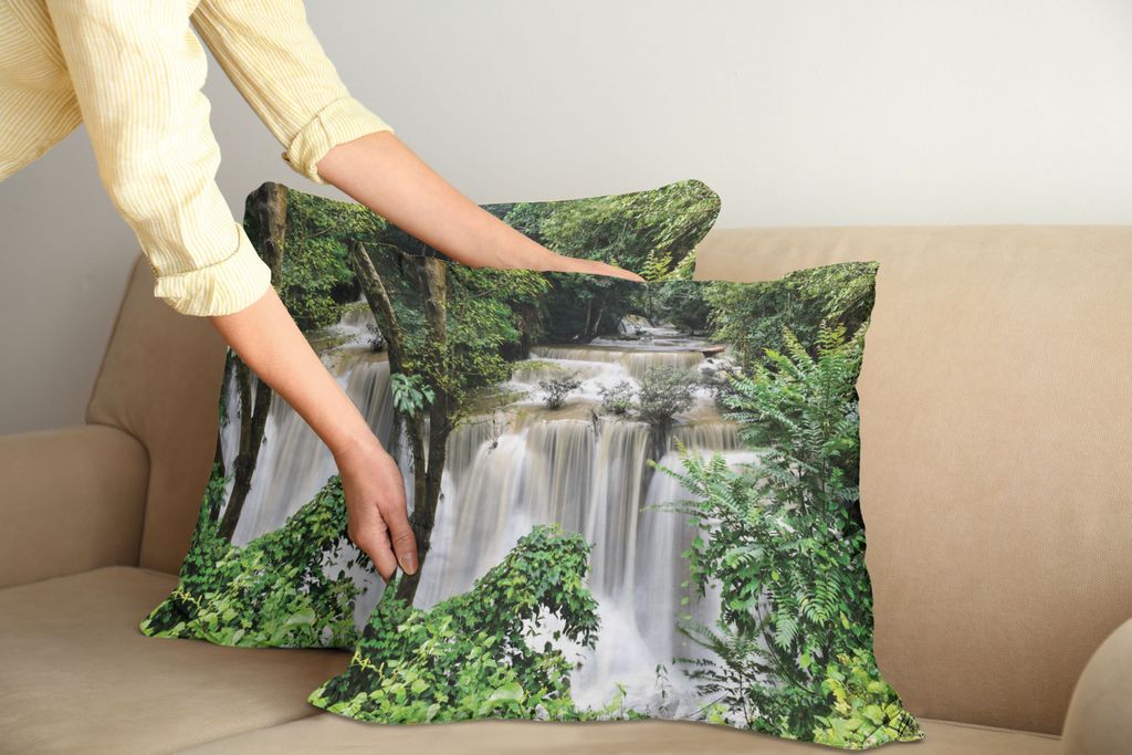 ABAKUHAUS Regenwald Kissenbezug Set (2Stück), Huay Mae Khamin Waterfall Im Tropischen Regenwald Thailand Feiertags Reise Thema, 45x45cm, Grün Braun
