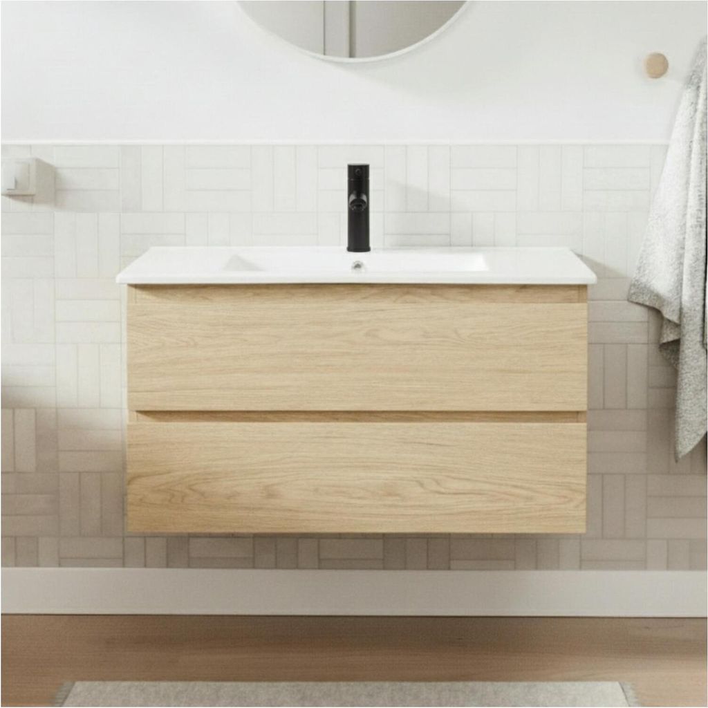 Einzelwaschtisch 80 cm, Eichenoptik, mit Waschbecken und Armatur SORRENTO