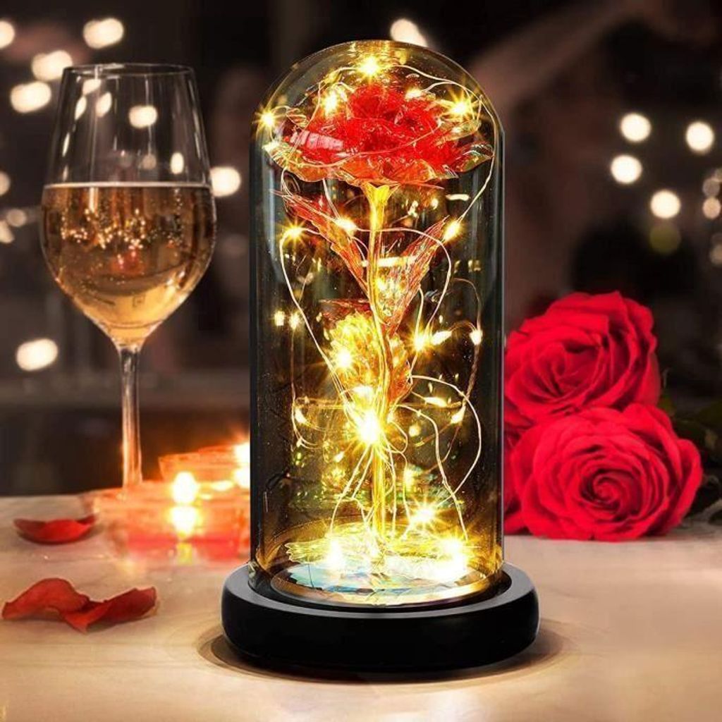 Ewige Rose unter Glaskuppel – Rot – Glas und PVC – mit LED-Beleuchtung – Rote Innendekoration