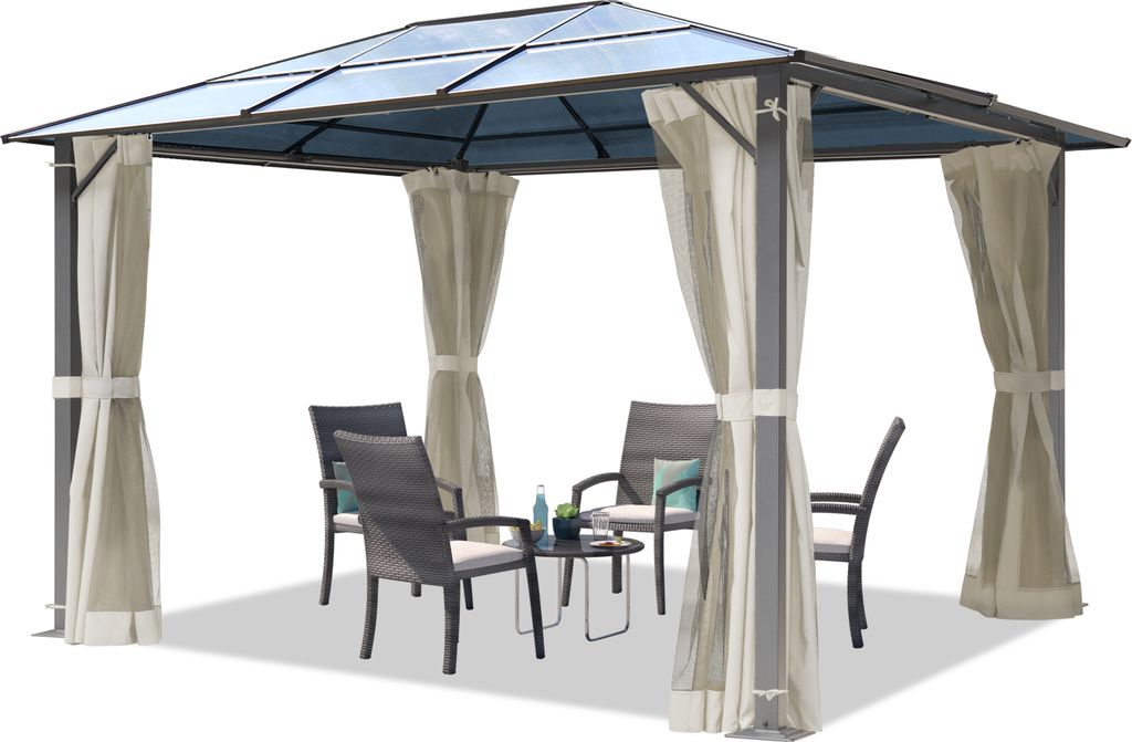 Gartenpavillon 3x3,65 m ca 6 mm Polycarbonat-Dach mit Moskitonetzen und Seitenteilen in crème
