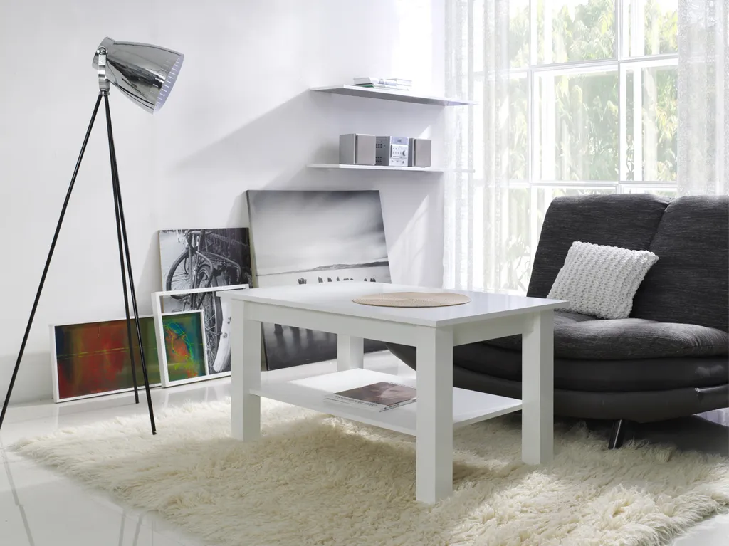 Table basse rectangulaire DASSEL 1 blanc laqué avec tablette de rangement