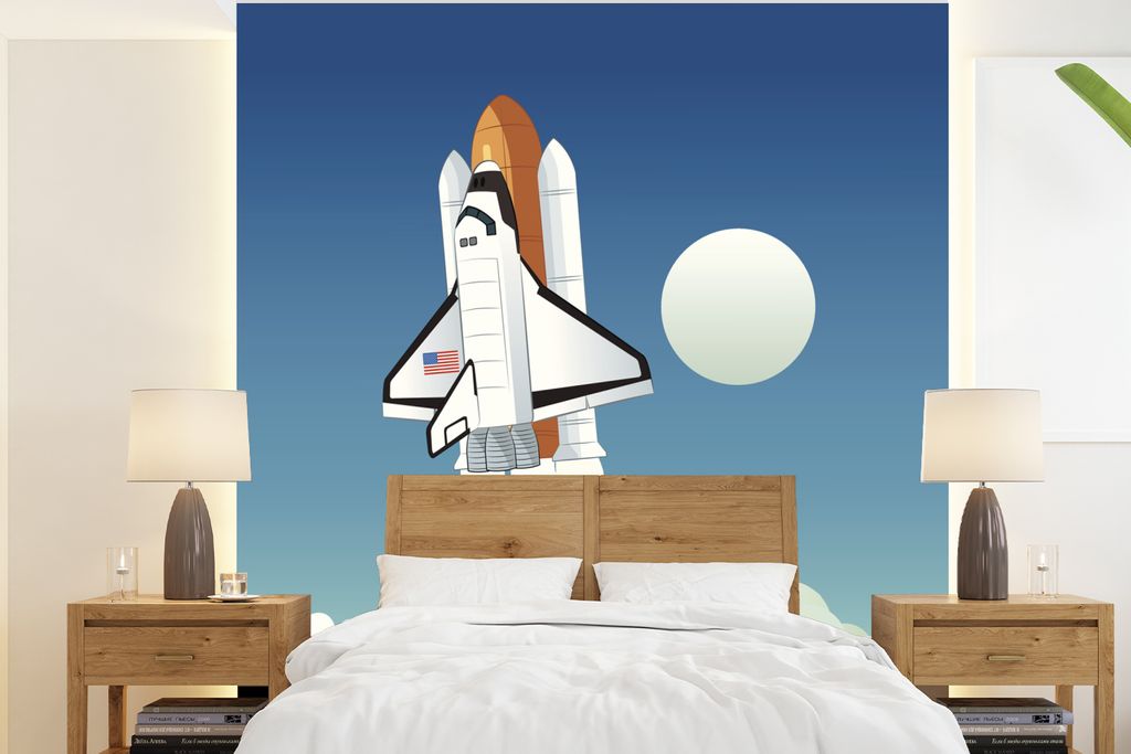 MuchoWow Fototapete für Wohnzimmer oder Schlafzimmer Wandtapete Vinyl Motivtapete Eine Illustration des Starts einer Raumfähre in den frühen M...