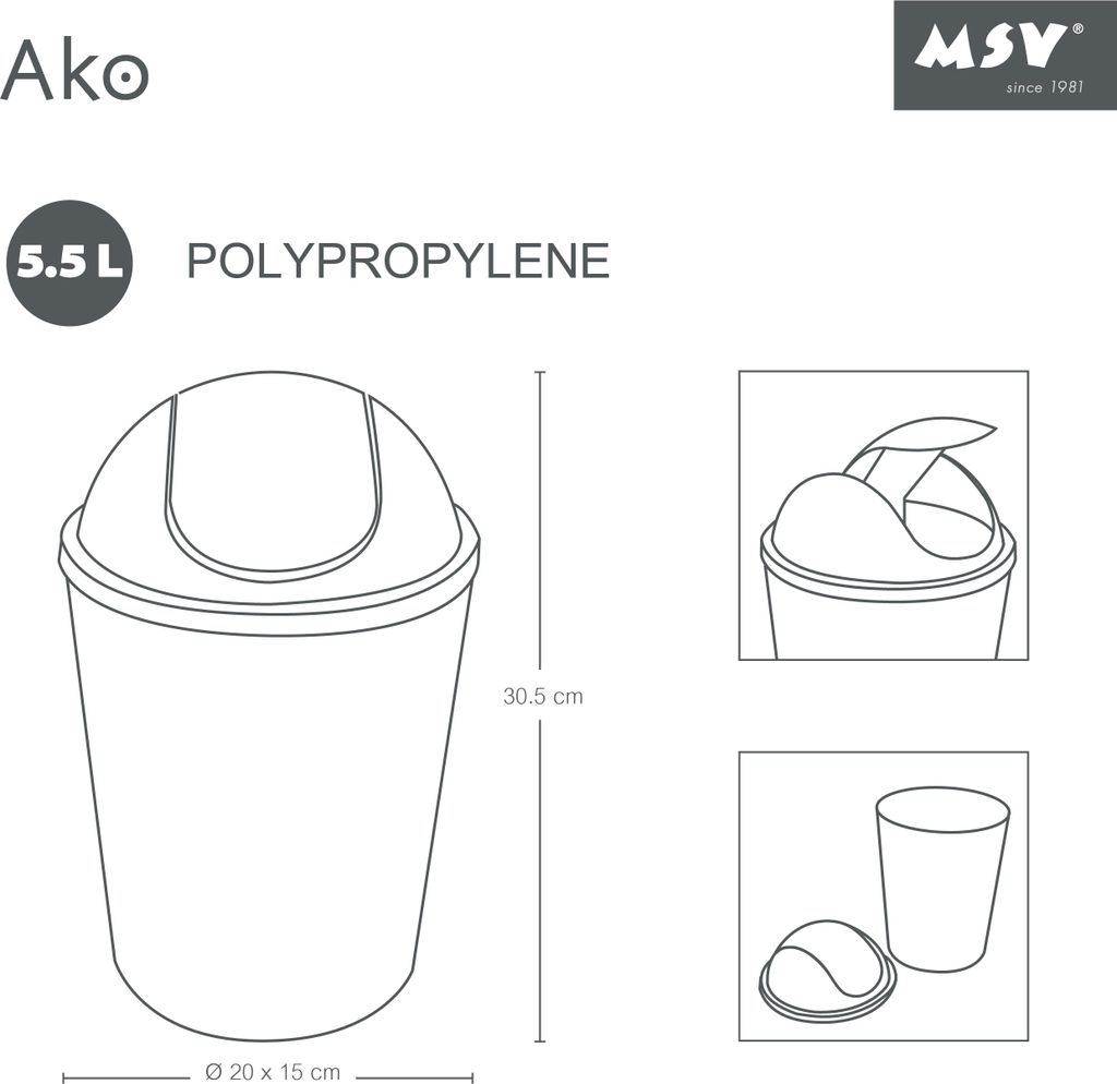 A technical drawing and product details of a trash can.