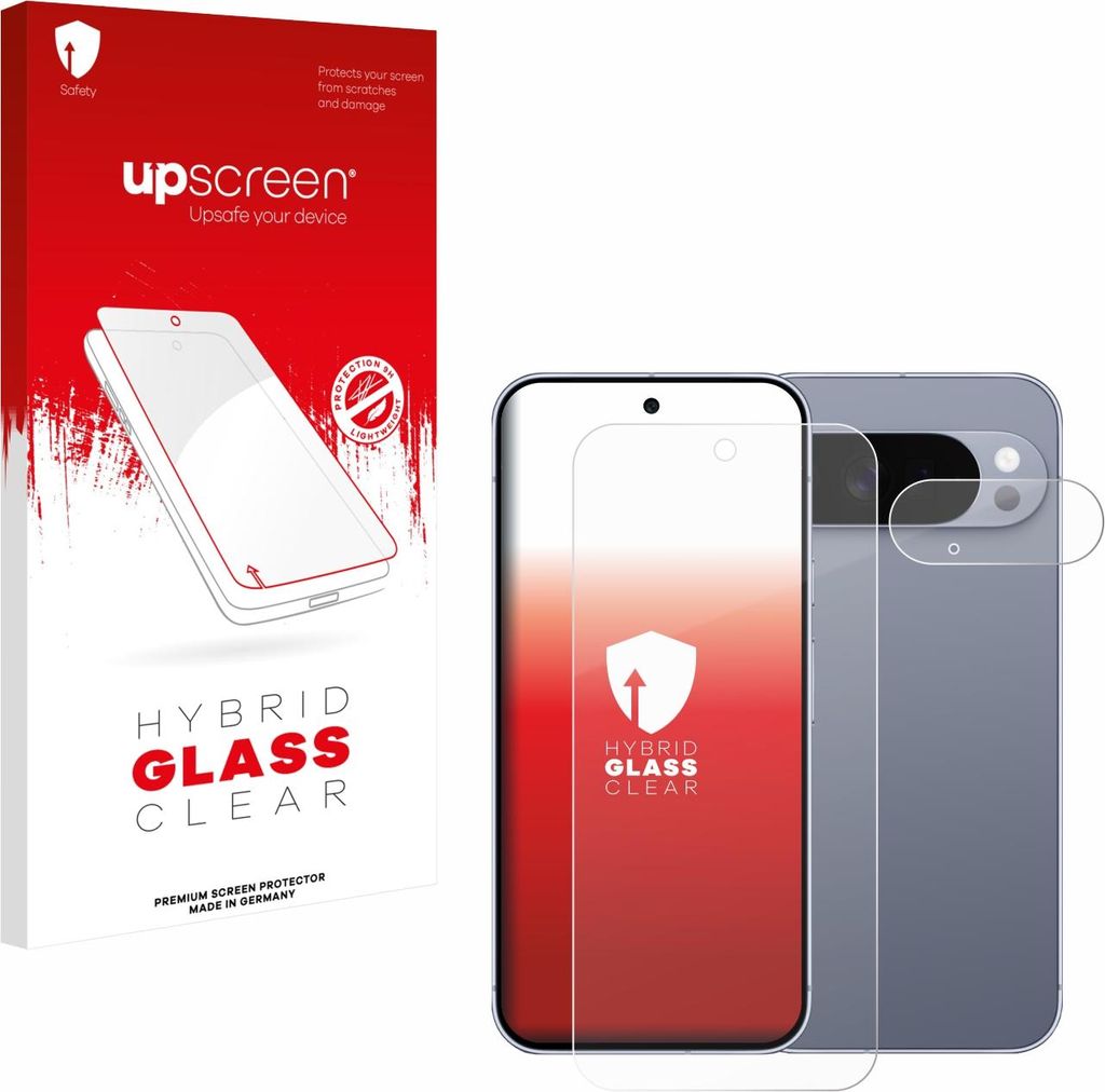 A product shot of a phone screen protector and camera lens protector, alongside its packaging.