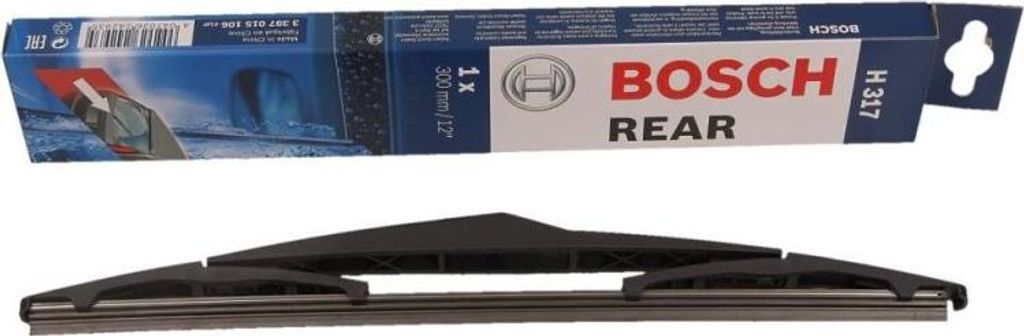 A product shot of a Bosch rear windshield wiper and its packaging.