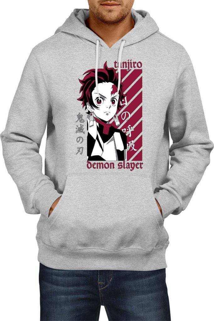 Herren Kapuzenpullover Demon Anime Slayer Tanjiro Kamado 009, Man 2XL / Grau