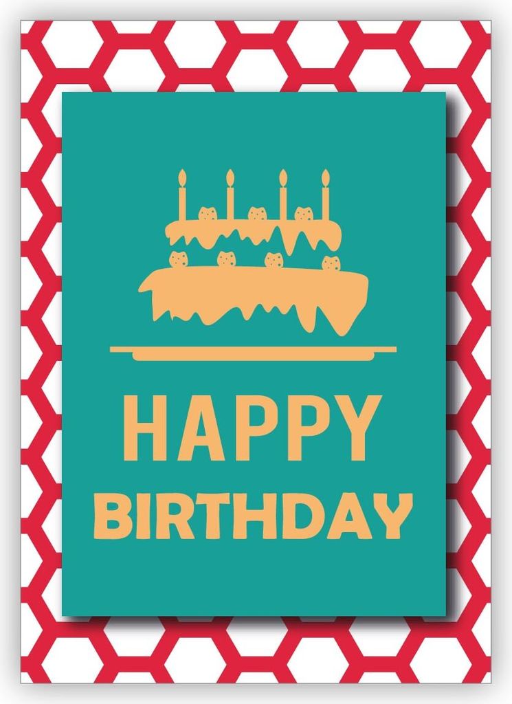 Schicke moderne, türkise Geburtstagskarte mit üppiger Geburtstagstorte auf rotem Wabenmuster: Happy Birthday