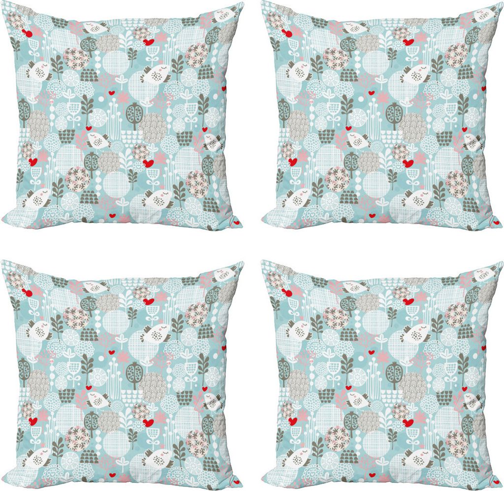 ABAKUHAUS Blumen Kissenbezug Set (4 Stück), Valentines Vögel, Moderner Doppelseitiger Digitaldruck, 40 cm x 40 cm, Mehrfarbig