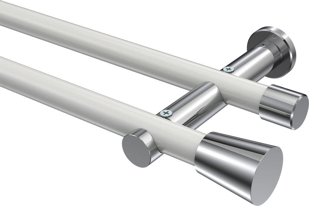 Interdeco Gardinenstange / Vorhangstange Weiß / Chrom, Typ Platon Sitra (Konus) ohne Ringe, 20 mm Ø 2-läufig, 280 cm