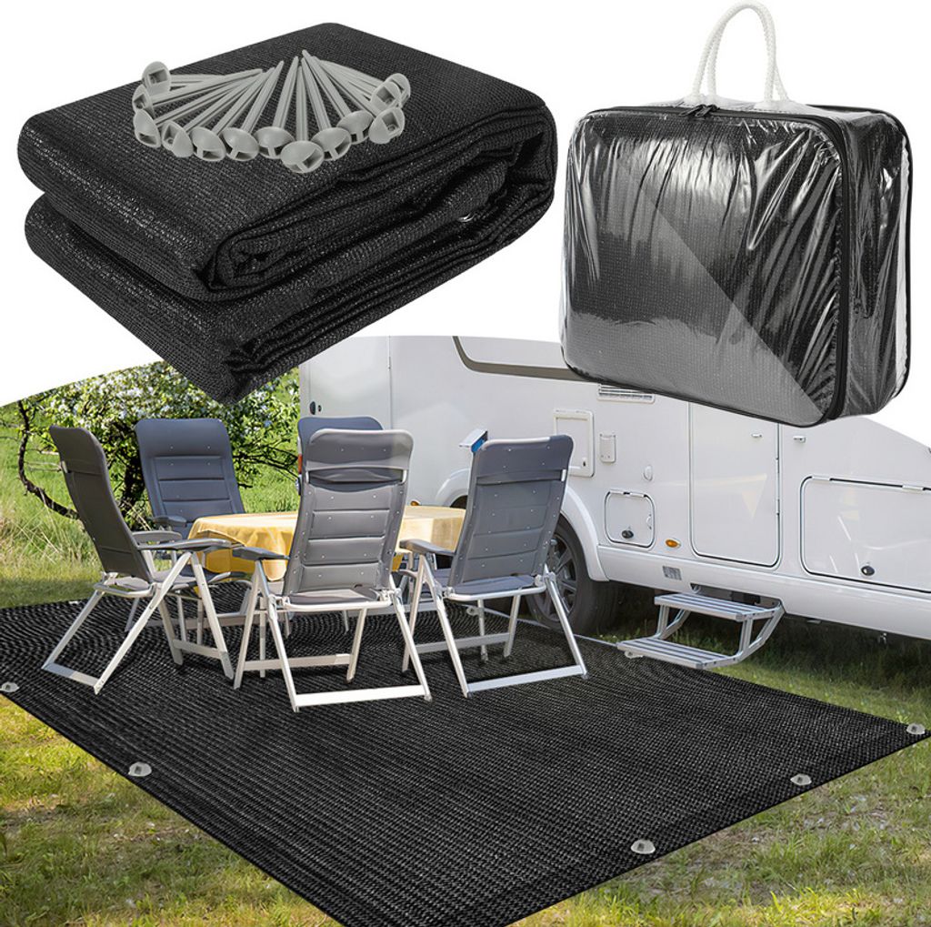 Jayseuw Vorzeltteppich 250x500cm Zeltteppich aus HDPE Outdoor Camping Teppich inkl Tragetasche Zubehör Schwarz