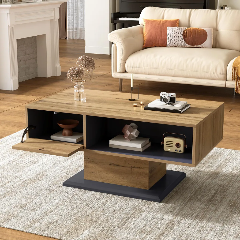 Table basse bicolore 100 cm avec rangement double face gris et bois