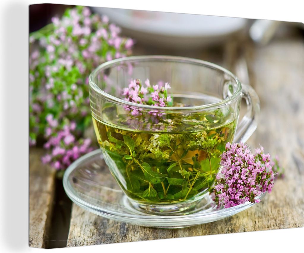 OneMillionCanvasses - Leinwandbilder - 140x90 cm, Ein Majoran in einem Glas mit heißem Wasser, Wandbilder Kunstdruck Wanddekoration - Foto auf L...