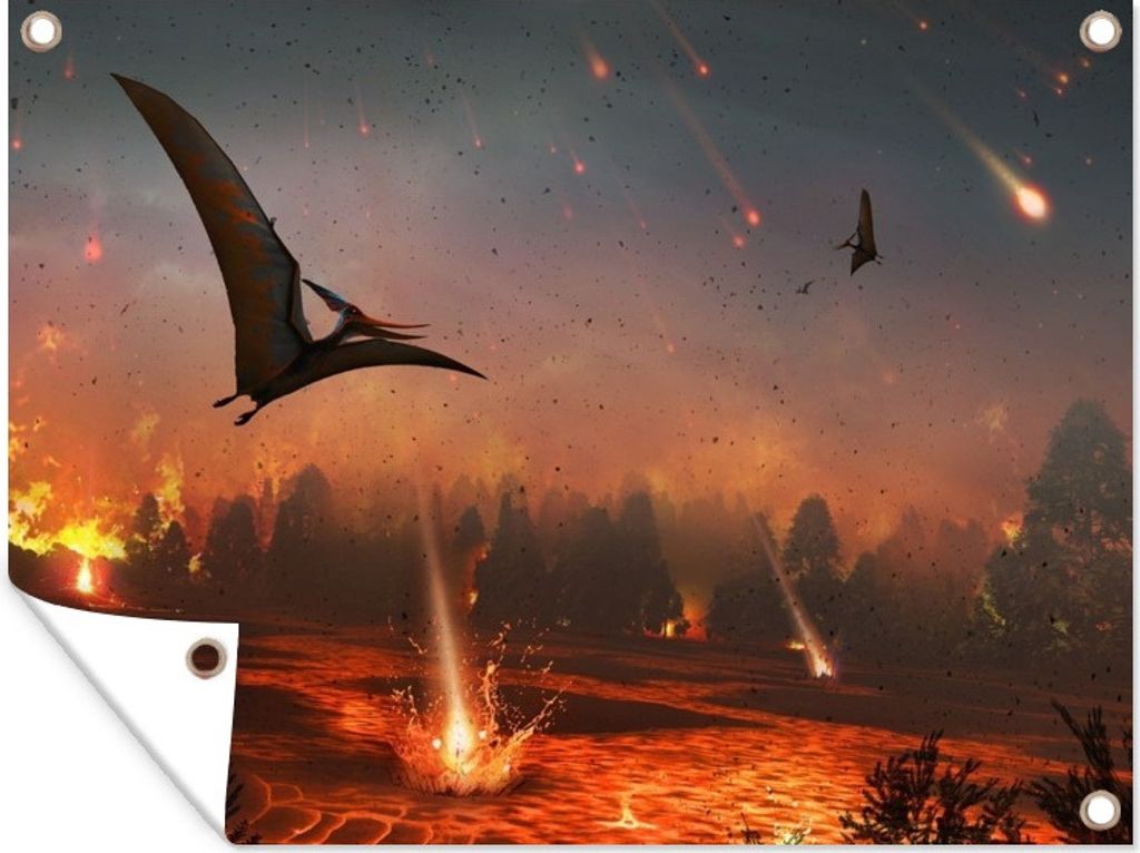 MuchoWow 80x60 cm Outdoor-Poster Gartendeko Sichtschutz Garten Poster für den Garten Dinosaurier - Steine - Lava - Illustration - Jungen - Kind