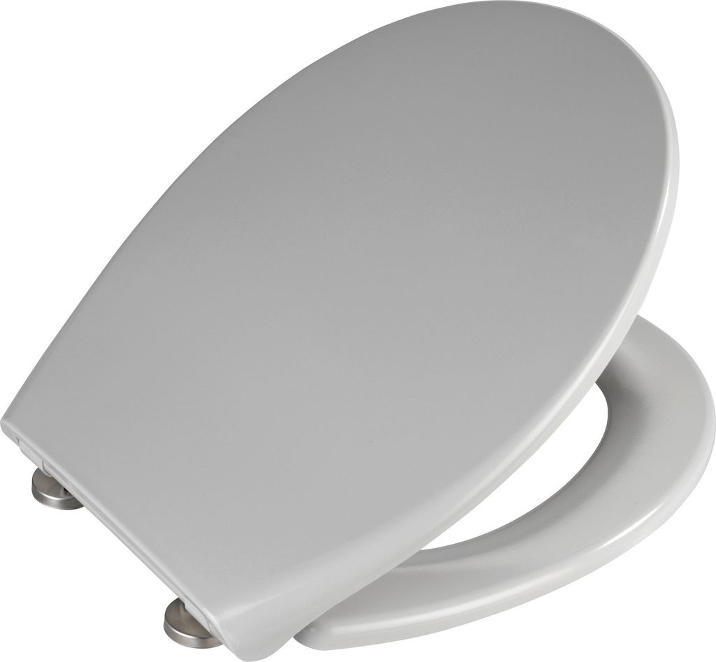A light gray toilet seat with silver hinges, shown from a slightly elevated angle against a white background.