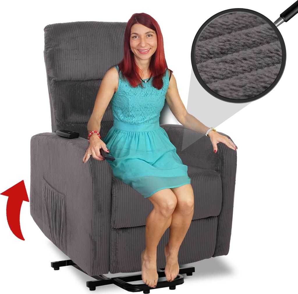 Fernsehsessel HWC-K62, Relaxsessel TV-Sessel Liege, Liegefunktion Aufstehhilfe, Metall Stoff/Textil Cord dunkelgrau