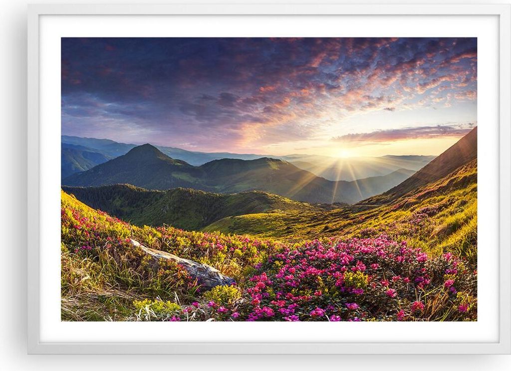 Gerahmtes Poster - Weißer Rahmen - Gebirge Wiese Landschaft Wald - 70x50 cm - Wand Bild - Wanddeko - Wandbilder - Wandposter - Bilderrahmen - Bild...