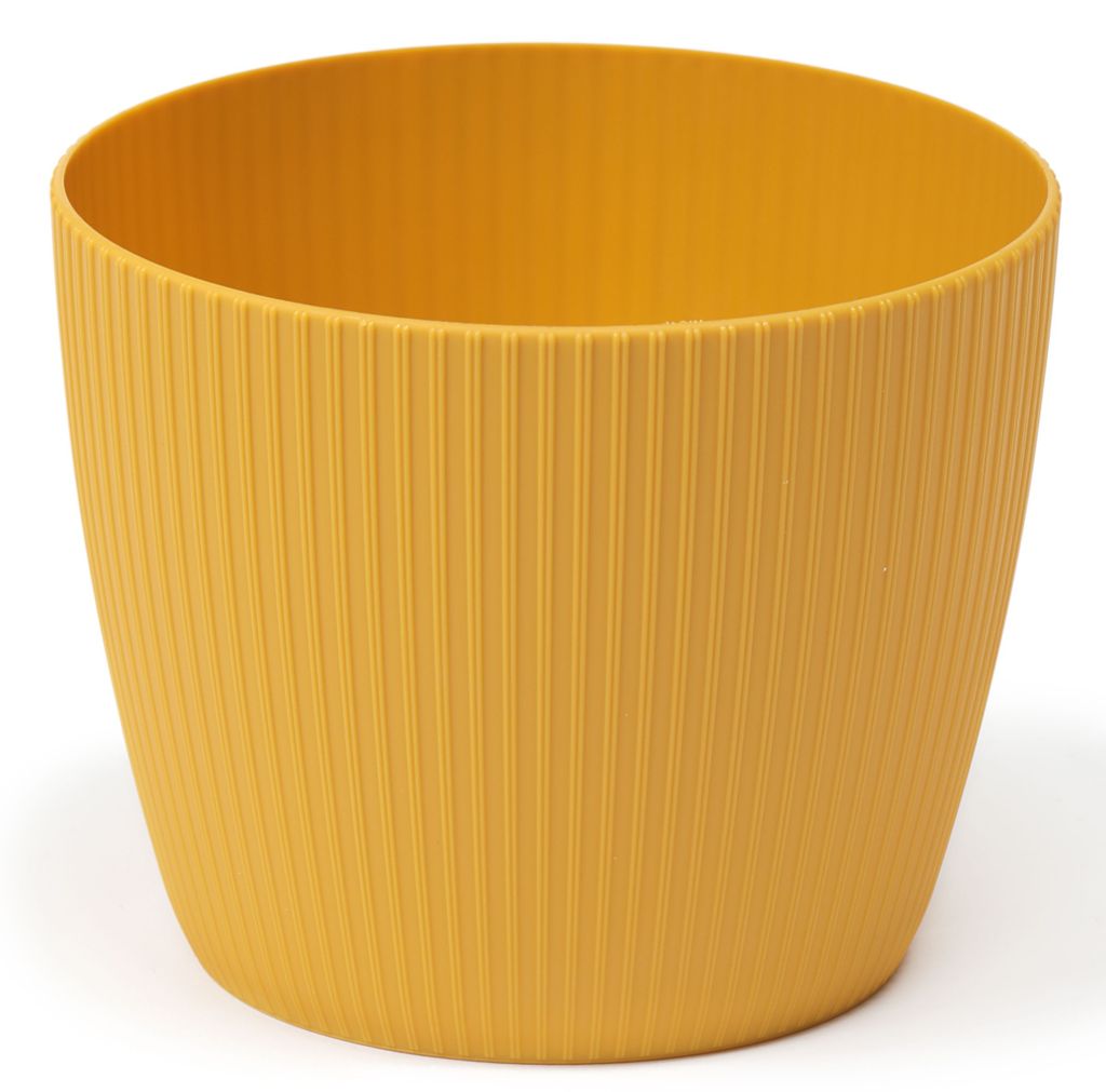 A yellow pot with vertical ridges.