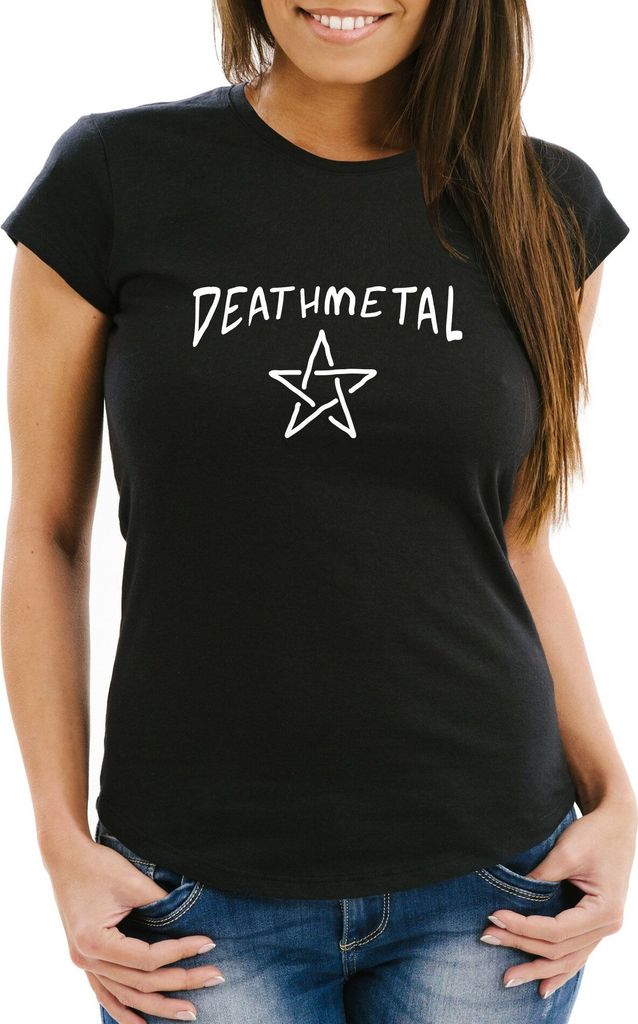 Damen T-Shirt Aufschrift Deathmetal Pentagram Festival Outfit Fun-Shirt Musik Moonworks schwarz M