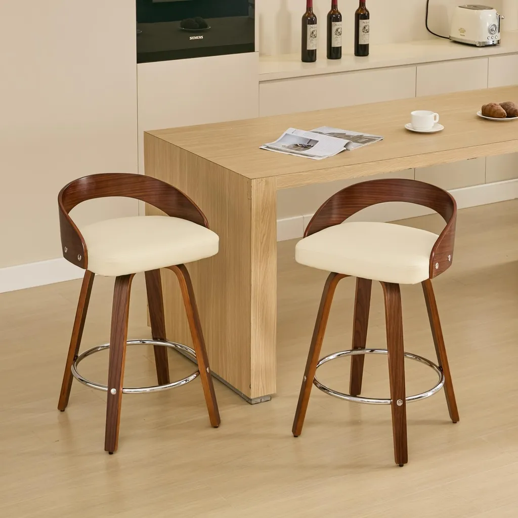 Tabouret de bar en bois pivotant 63 cm beige avec assise moelleuse lot 2